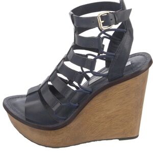 DVF Blue Grecian Wood Caged Platform Sandals